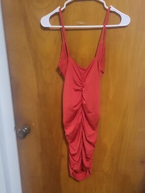Red Ruched Bodycon Midi Dress
